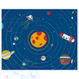 BILD wall art colorful planets, spaceships, and orbits on blue paper.