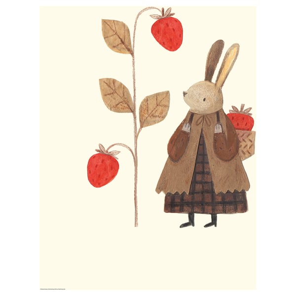Whimsical rabbit in brown coat holds strawberries on light beige background.