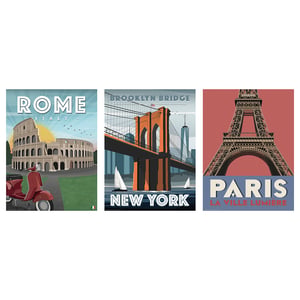 Three travel posters: rome, new york, paris; colourful, illustrated landmarks.