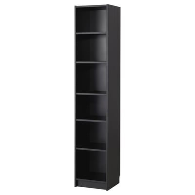 A tall, black BILLY bookcase with five empty shelves. Its simple, modern design is versatile for various storage needs.