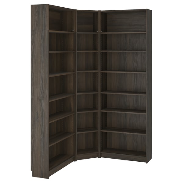 BILLY dark brown corner bookcase, modern design, multiple shelves, efficient storage.