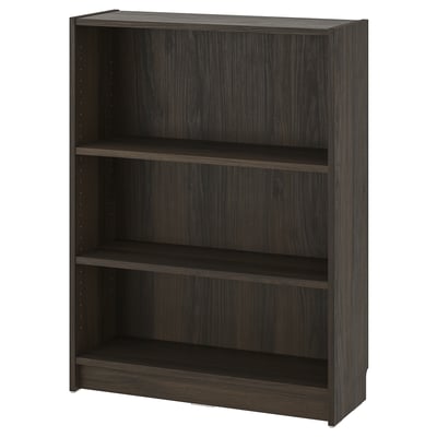 BILLY bookcase in dark brown, wooden texture, rectangular shape with three open shelves. Modern, minimalistic design.
