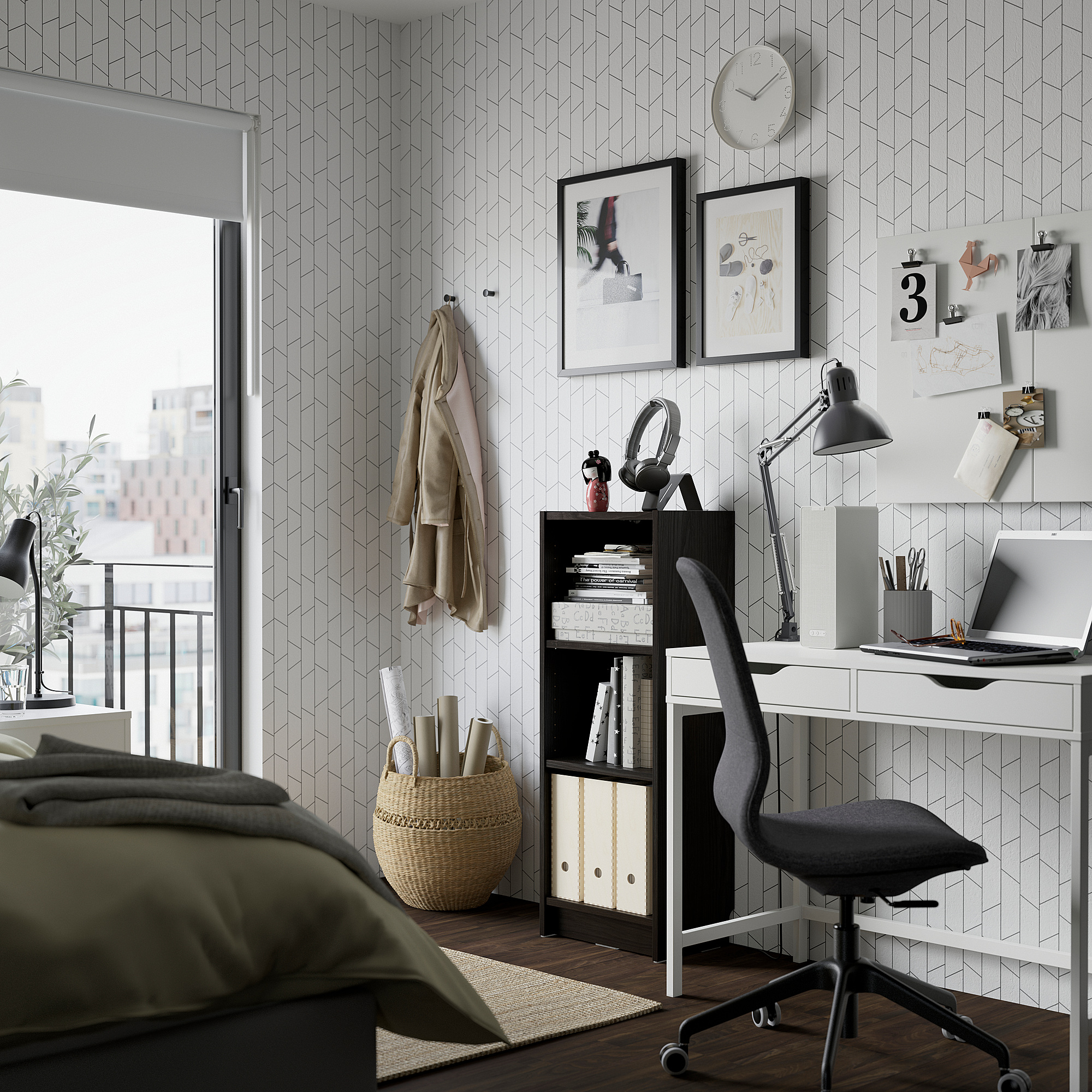 Modern home office with BILLY bookcase, desk, & bed. Geometric wallpaper & city view.