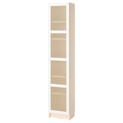 A white BILLY bookshelf with woven bamboo doors. Tall, rectangular, and airy design.