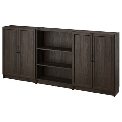 Dark wooden storage unit with four closed cabinets and two open shelves. Modern, rectangular, and sleek design.