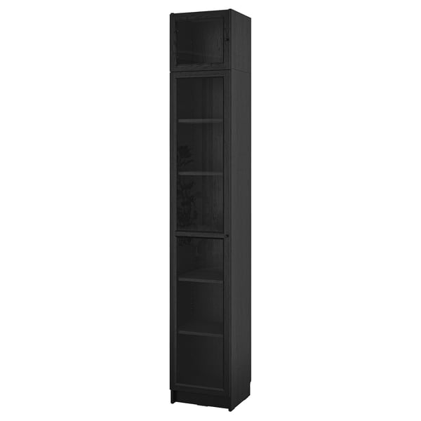BILLY black bookcase, modern, wooden, tall, rectangular shape, featuring glass doors and adjustable shelves.