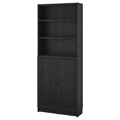 BILLY black wooden bookshelf with open and closed storage, sleek design.