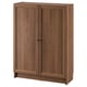 Wooden BILLY bookcase, brown shade, rectangular shape, two door design, made from particle and fiberboard.