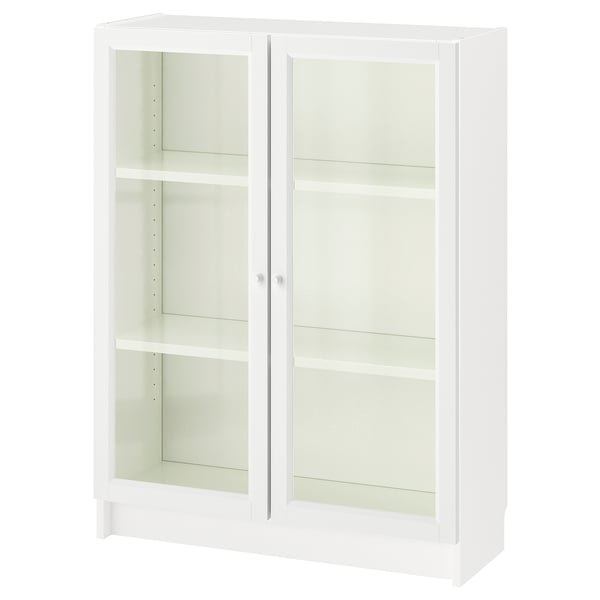 White BILLY bookcase with glass doors; rectangular, modern design.