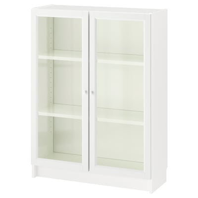 White BILLY bookcase with glass doors; rectangular, modern design.