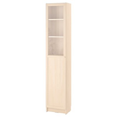 Ikea BILLY white tall cabinet with glass door, wooden panels.