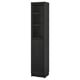 A black BILLY bookcase. It a modern design with a wooden texture. The tall, rectangular shape includes a glass door for dust-free storage.