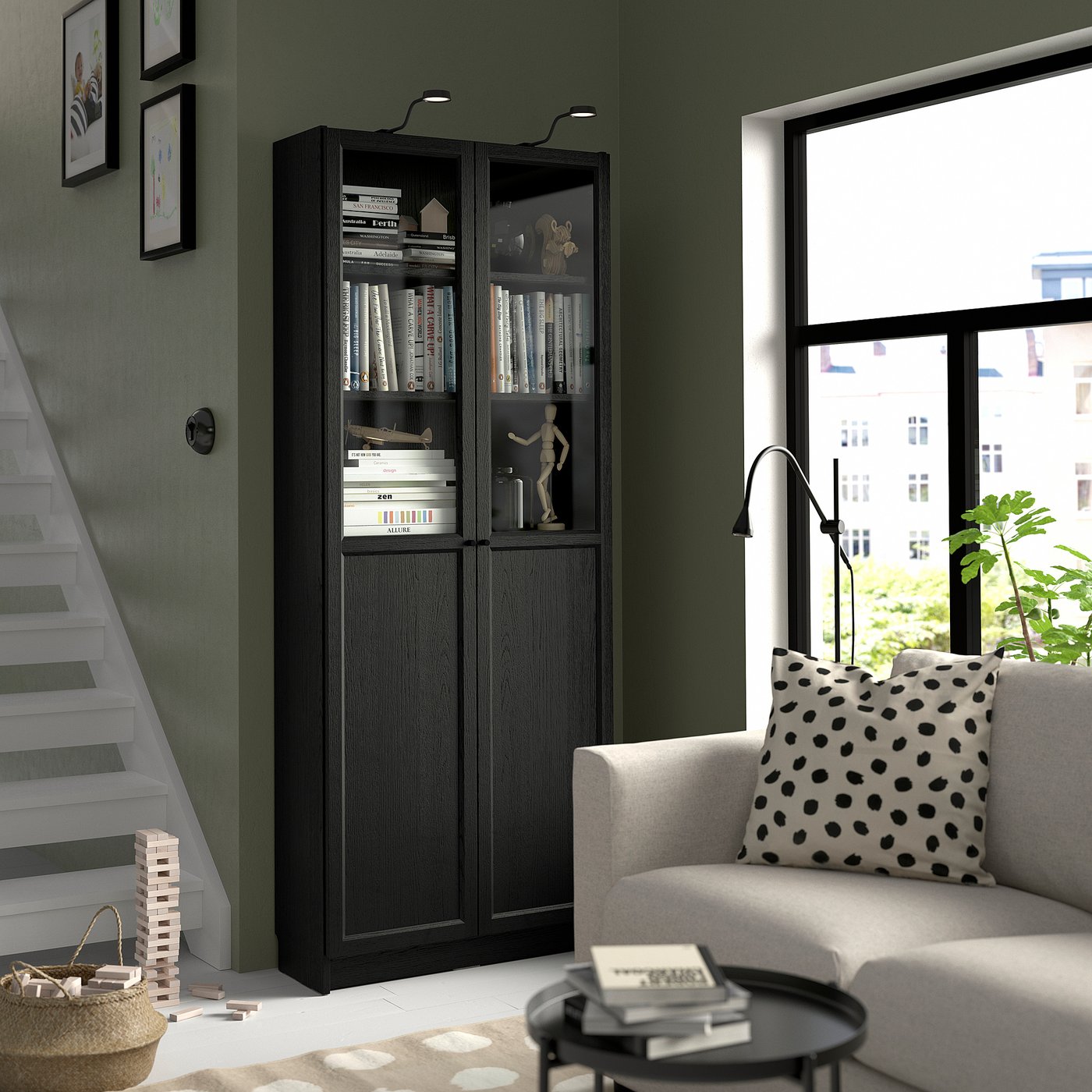 【Ikea】Billy Bookcase BILLY / OXBERG bookcase with panel/glass doors, black oak effect