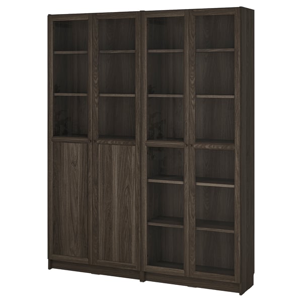 Dark brown wooden bookshelf with multiple compartments, no items inside.