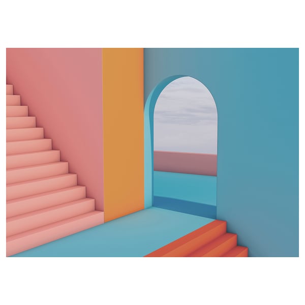 Colorful, abstract architecture. Bright pink stairs, orange wall, teal floor, blue archway.