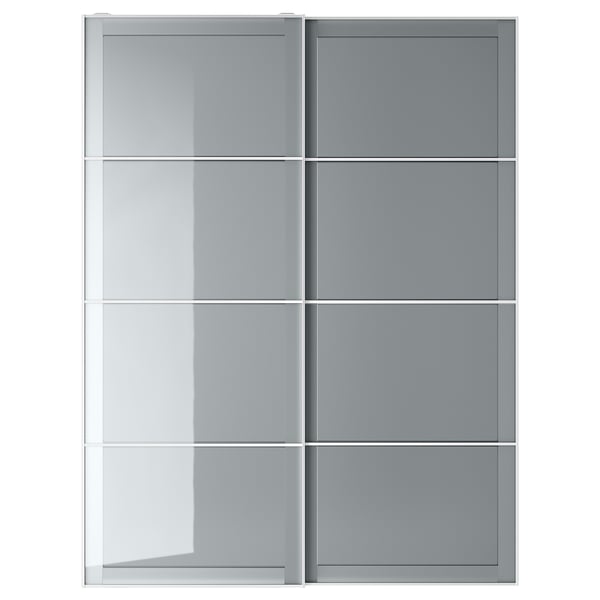BJÖRNÖYA wardrobe: modern gray sliding doors with frosted glass panels and aluminum frame.