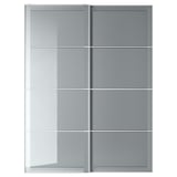 BJÖRNÖYA wardrobe: modern gray sliding doors with frosted glass panels and aluminum frame.