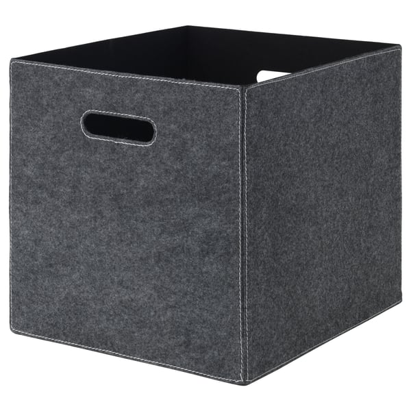 Square grey BLÄDDRA storage box with handles, made of recycled polyester.