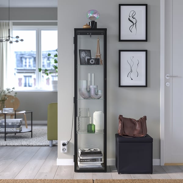Modern glass-door display cabinet, BLÅLIDEN, fits into corner, collectibles, integrated lighting.