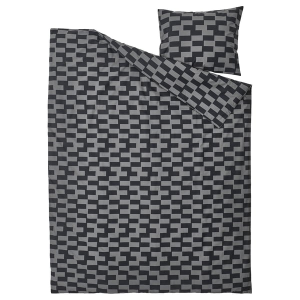 A BLÅSKATA bedding set in grey with a pixelated checkered design. It includes a duvet cover and pillowcase made from soft cotton and viscose.