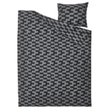 A BLÅSKATA bedding set in grey with a pixelated checkered design. It includes a duvet cover and pillowcase made from soft cotton and viscose.