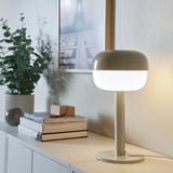Modern table lamp BLÅSVERK, soft light, sleek design. Greenish hue, sweet shape, small, beside books, plant, picture.