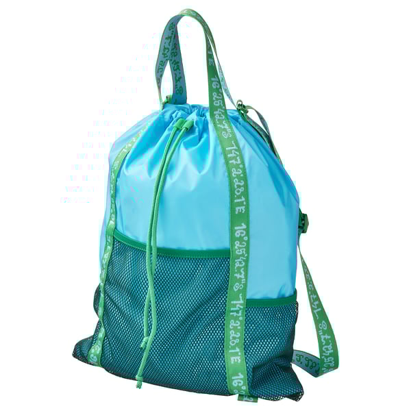 A blue-green backpack, the BLÅVINGAD. Its made from recycled polyester and mesh pockets and drawstrings. Ideal for outdoor adventures.