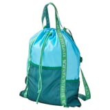 A blue-green backpack, the BLÅVINGAD. Its made from recycled polyester and mesh pockets and drawstrings. Ideal for outdoor adventures.
