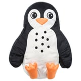 A BLÅVINGAD penguin-shaped cushion. It is black and white with orange feet and beak, filled with recycled polyester.