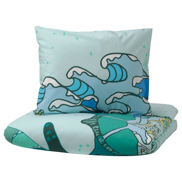 Turquoise BLÅVINGAD bedding with wave and turtle patterns, cotton and viscose.
