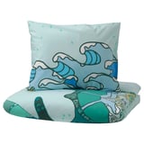 Turquoise BLÅVINGAD bedding with wave and turtle patterns, cotton and viscose.