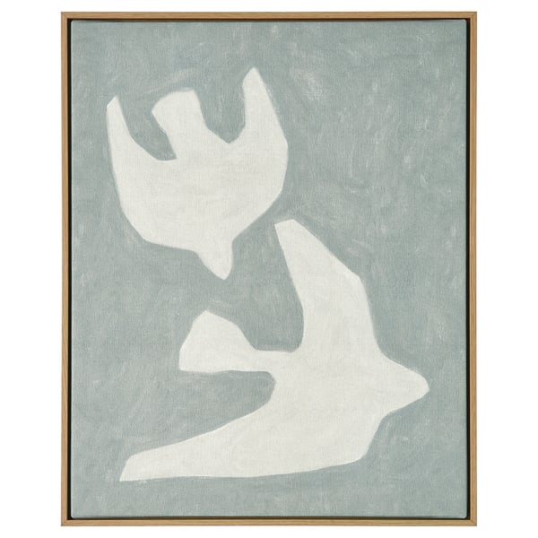 Framed canvas art: BLODFLÄDER by maja gunnarsdottir. Abstract white shapes on grey, oak effect frame.