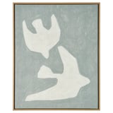 Framed canvas art: BLODFLÄDER by maja gunnarsdottir. Abstract white shapes on grey, oak effect frame.