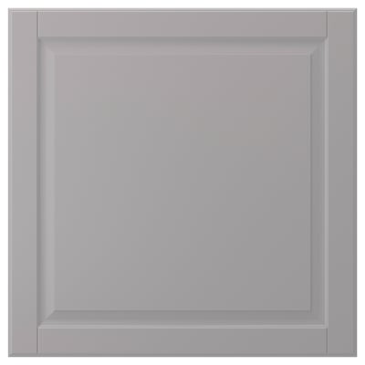 Gray square BODBYN cabinet door with beveled panel, lacquered finish.