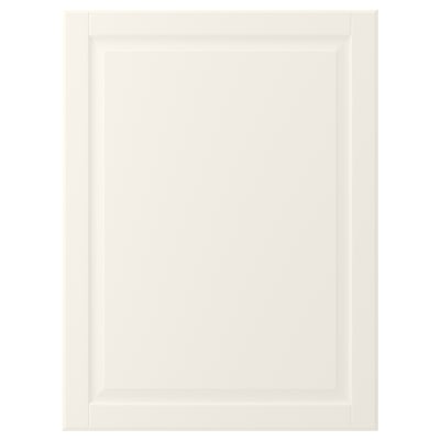 An off-white BODBYN cabinet door with a bevelled panel design, providing a classic and warm look.