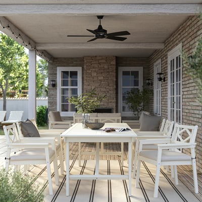 Modern outdoor dining set BONDHOLMEN with acacia table, chairs, and striped rug under patio.