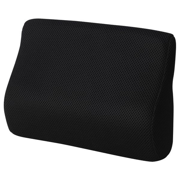 Black lumbar back support cushion with mesh-like texture, rectangular shape, designed for comfort in seating.