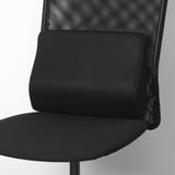 Black office chair with mesh back and attached lumbar support cushion for lower back comfort.