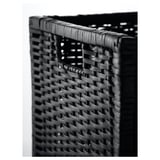 Black and white handwoven rattan basket. Shows intricate weave and sturdy frame.