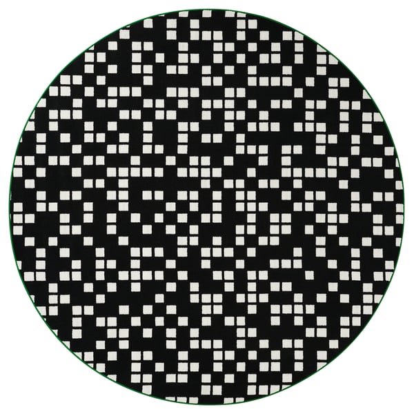 BRÄNNBOLL rug, black with white squares, green border, round, soft, anti-slip, synthetic.