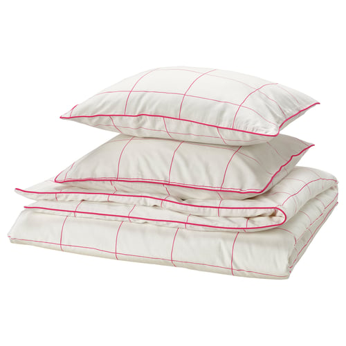 White duvet set with pink edges, grid patterns, cotton-viscose blend.