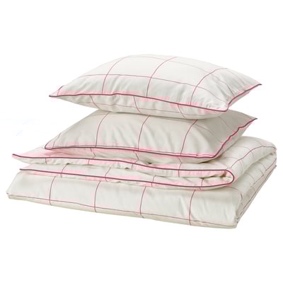 White duvet set with pink edges, grid patterns, cotton-viscose blend.