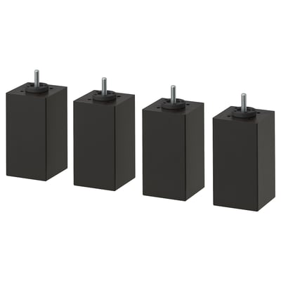 Four black square wooden furniture legs with threaded metal rods on top.