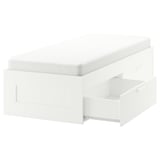BRIMNES white compact bed with drawers. Modern, minimalist design offering storage.