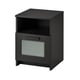 A black BRIMNES bedside table with a top shelf, drawer, and tempered glass front.