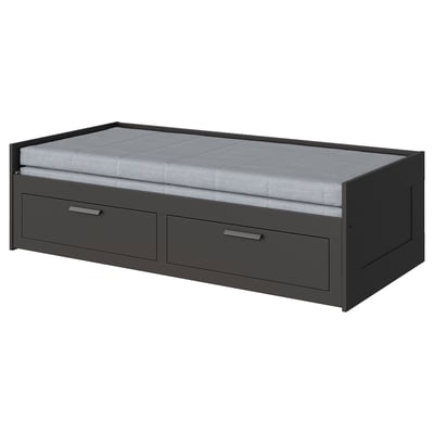 BRIMNES gray day-bed, dark gray, rectangular, simple design, 2 drawers, foam mattress.