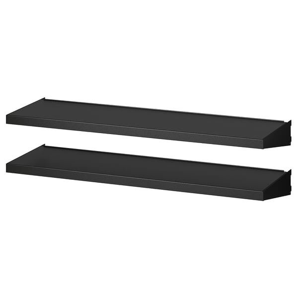Two black metal shelves, ideal for garage storage. Galvanized steel construction for durability.