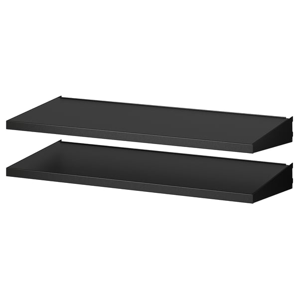 Two black metal garage shelves, neatly stacked, ideal for storage.