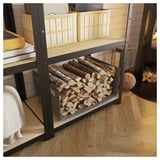 Black metal and wood storage shelf with logs and storage bins. Rustic, modern design.