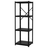 Black metal storage unit, BROR, four square shelves, sturdy, industrial design.